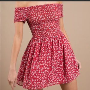 Red off the shoulder floral dress